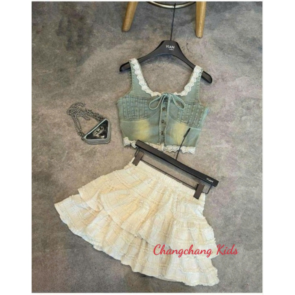 Set áo jean chân váy ren cho mẹ và bé gái 12-55kg , sét đồ cá tính , đồ cặp cho mẹ và bé gái