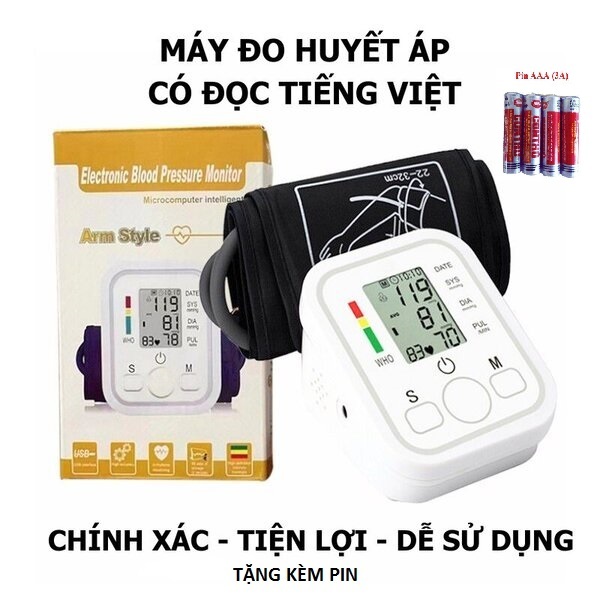 Máy đo huyết áp và nhịp tim thông minh có đọc kết quả tiếng Việt tặng kèm pin, chính xác, tiện lợi (hàng xuất khẩu)