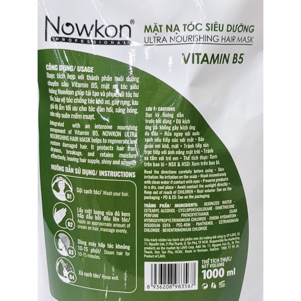Hấp Dầu Nowkon Túi 1000ml Hấp Dầu NOWKON Ultra Nourishing Hair Mask 1000ml