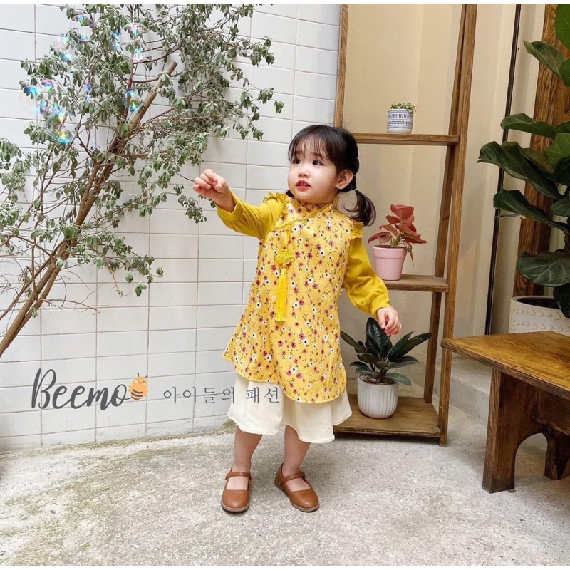 Set áo dài bé gái Bemoo C6789 họa tiết hoa nhí – áo dài trẻ em nữ size 80-130 (9-23kg)