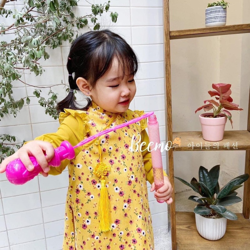 Set áo dài bé gái Bemoo C6789 họa tiết hoa nhí – áo dài trẻ em nữ size 80-130 (9-23kg)