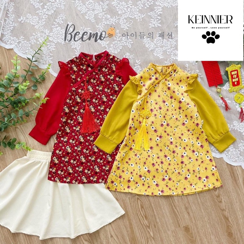 Set áo dài bé gái Bemoo C6789 họa tiết hoa nhí – áo dài trẻ em nữ size 80-130 (9-23kg)