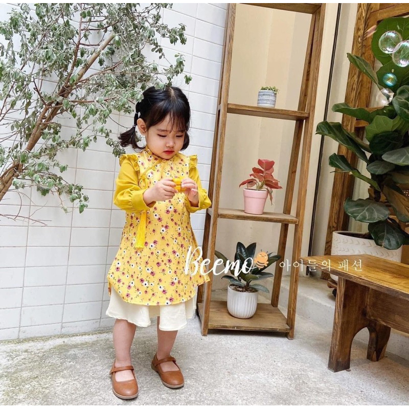 Set áo dài bé gái Bemoo C6789 họa tiết hoa nhí – áo dài trẻ em nữ size 80-130 (9-23kg)