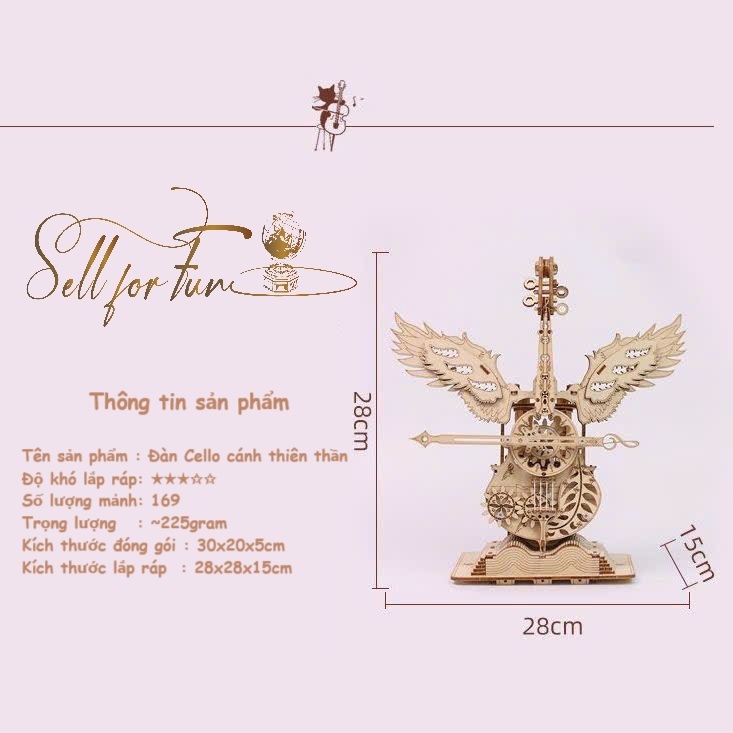 Đồ Chơi Lắp Ráp Mô Hình Gỗ 3D Hộp Nhạc Bằng Gỗ Đàn AIC Angel Cello Đôi Cánh Thiên Thần