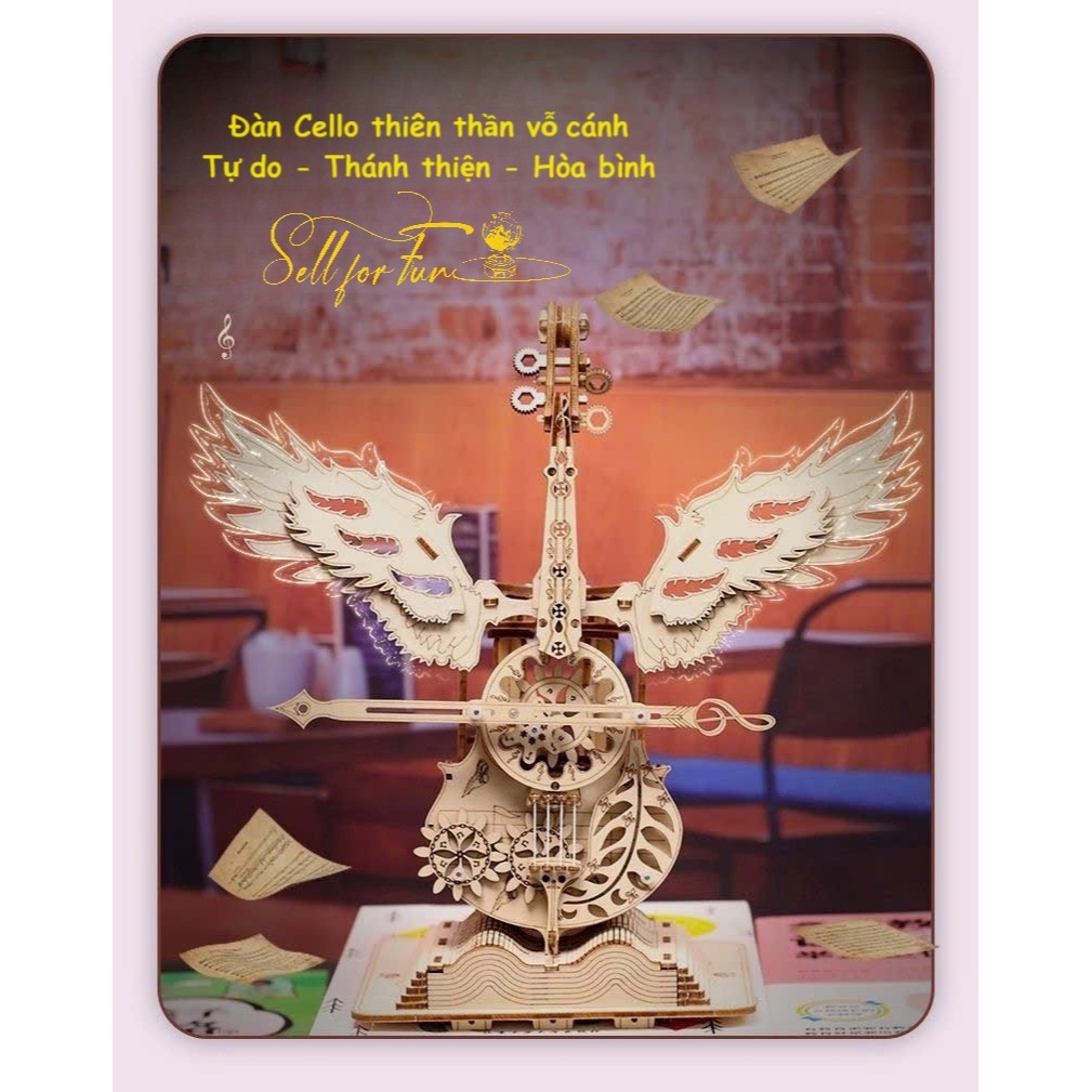 Đồ Chơi Lắp Ráp Mô Hình Gỗ 3D Hộp Nhạc Bằng Gỗ Đàn AIC Angel Cello Đôi Cánh Thiên Thần
