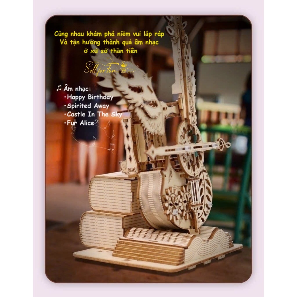 Đồ Chơi Lắp Ráp Mô Hình Gỗ 3D Hộp Nhạc Bằng Gỗ Đàn AIC Angel Cello Đôi Cánh Thiên Thần