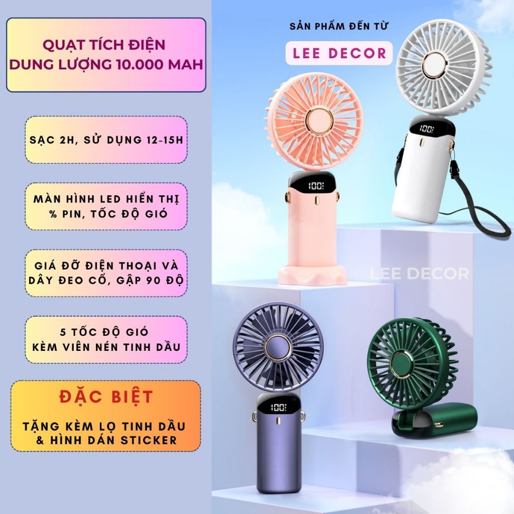 Quạt Tích Điện CHÍNH HÃNG, Tặng Tinh Dầu & Sticker, Màn Hình Led, 5 Cấp ...
