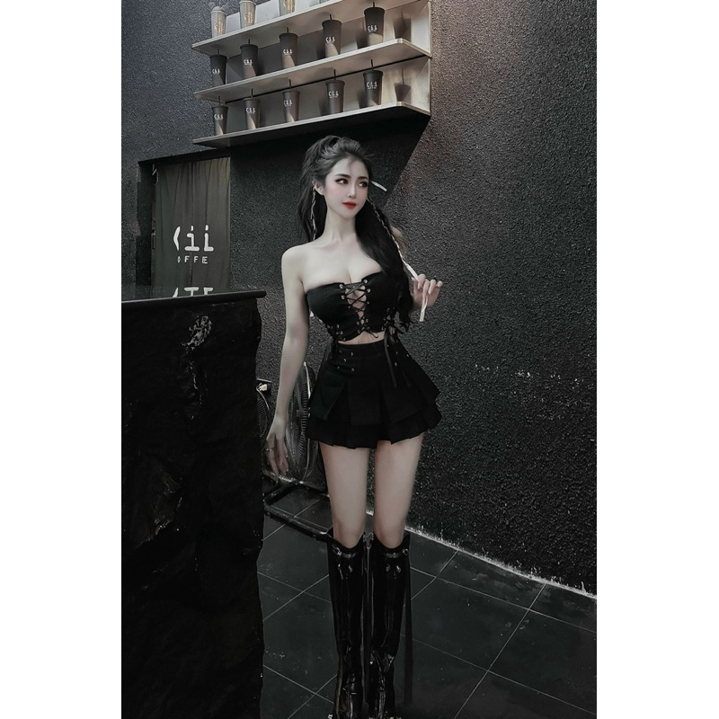 Set áo quây đan dây có mút ngực chân váy xếp ly sexy đi bar