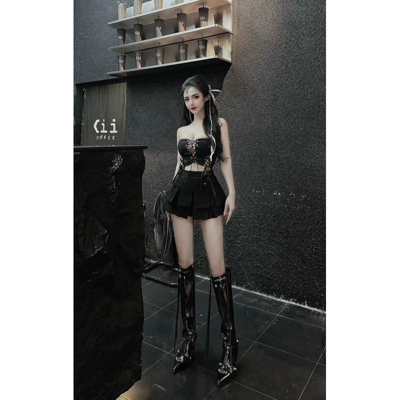 Set áo quây đan dây có mút ngực chân váy xếp ly sexy đi bar