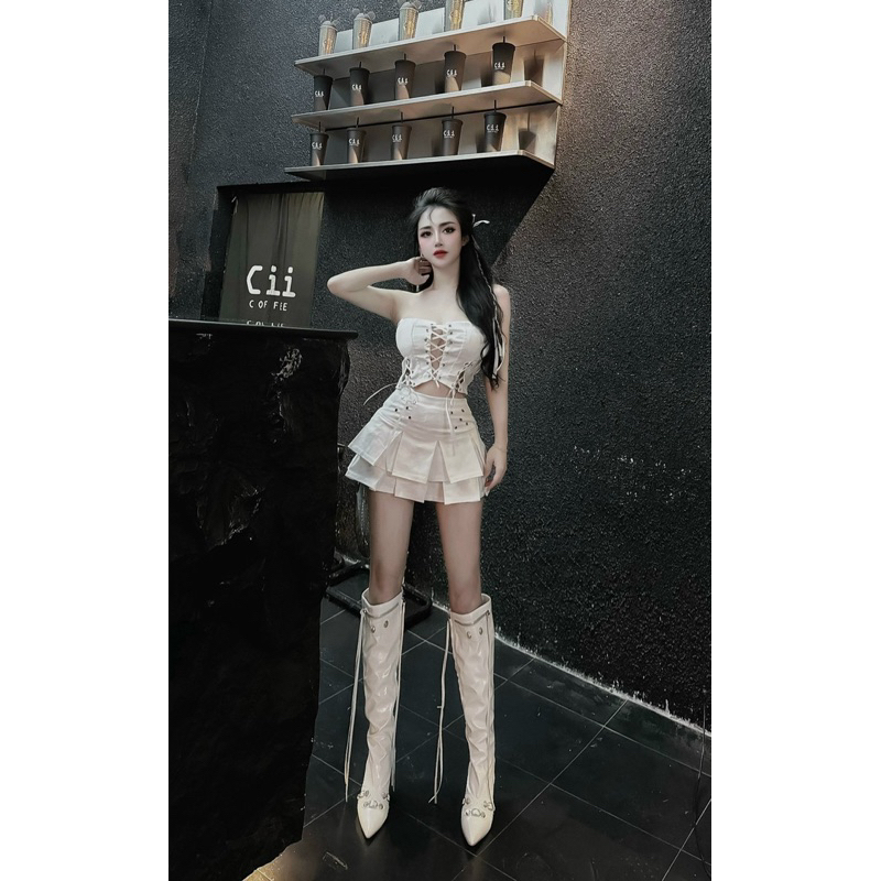 Set áo quây đan dây có mút ngực chân váy xếp ly sexy đi bar