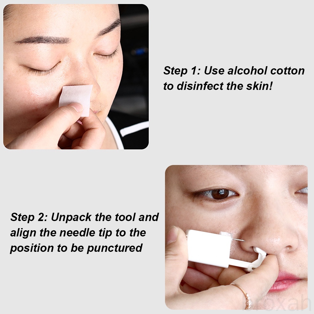 Súng bấm lỗ mũi kèm khuyên và bông tẩm cồn, dụng cụ bấm khuyên mũi bằng thép không gỉ sử dụng một lần