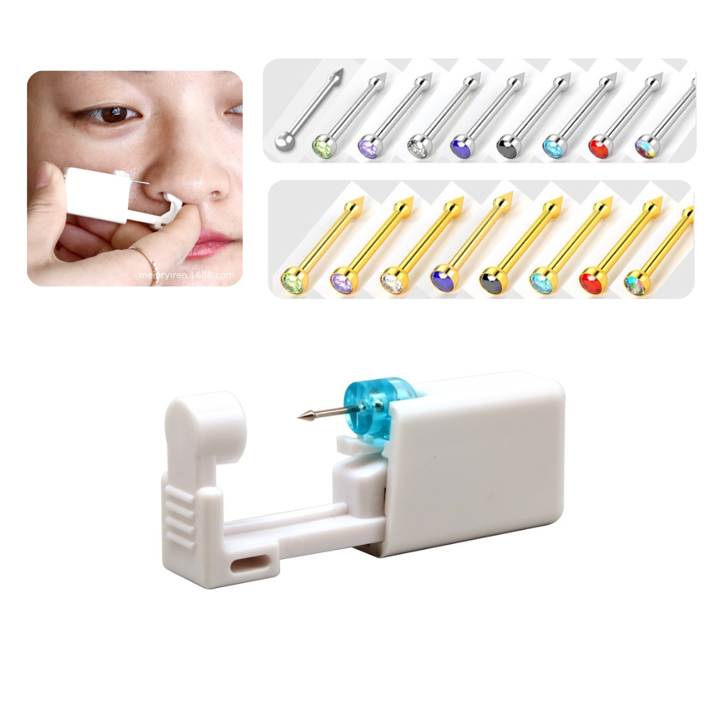 Súng bấm lỗ mũi kèm khuyên và bông tẩm cồn, dụng cụ bấm khuyên mũi bằng thép không gỉ sử dụng một lần