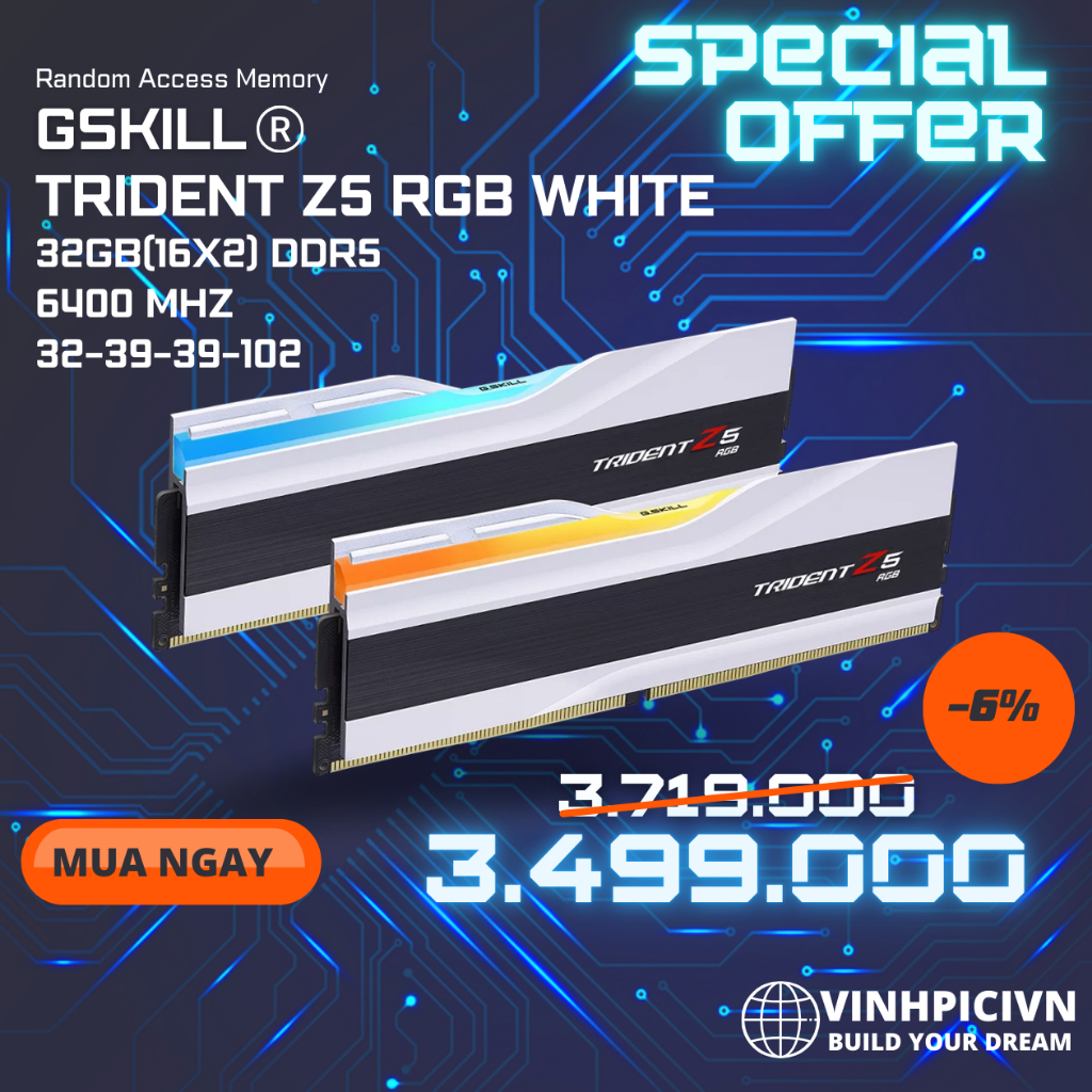 Gskill White Ram Ripjaws M5 RGB Series 32GB (16GBx2) DDR5 Dual Channel