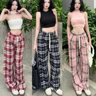 Quần Ống Rộng Nữ Kẻ Nhiều Màu Ulzzang