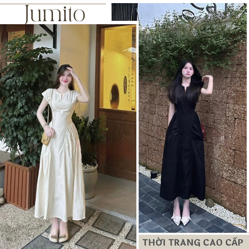 Váy nữ maxi sát nách cổ V dáng xòe Jumito 2 màu đen kem, đầm nữ chất lanh thô phong cách thiểu thư quý phái D1800
