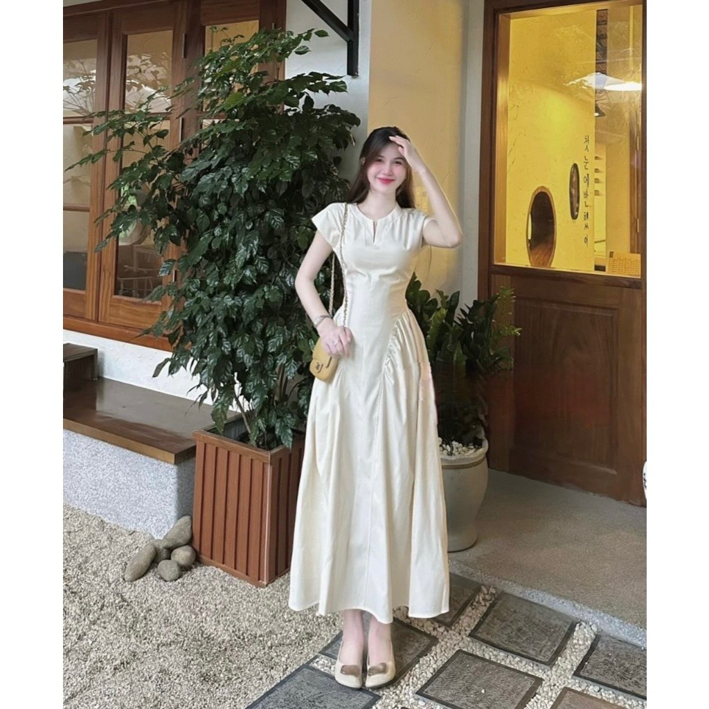 Váy nữ maxi sát nách cổ V dáng xòe Jumito 2 màu đen kem, đầm nữ chất lanh thô phong cách thiểu thư quý phái D1800