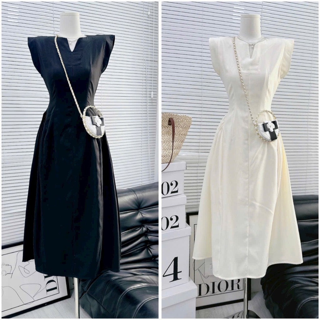 Váy nữ maxi sát nách cổ V dáng xòe Jumito 2 màu đen kem, đầm nữ chất lanh thô phong cách thiểu thư quý phái D1800