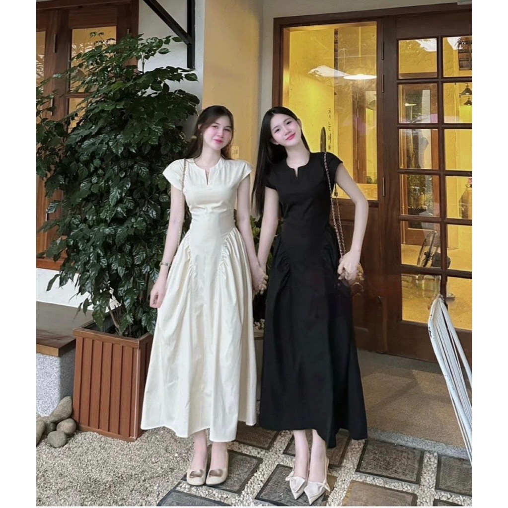 Váy nữ maxi sát nách cổ V dáng xòe Jumito 2 màu đen kem, đầm nữ chất lanh thô phong cách thiểu thư quý phái D1800