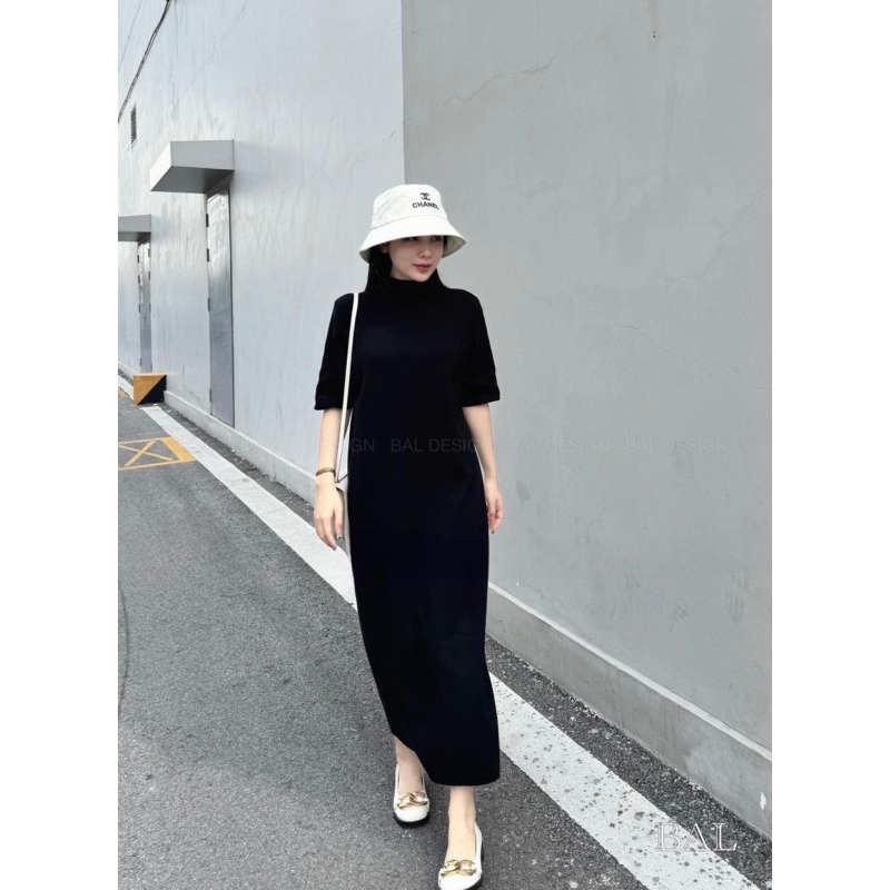 Váy nữ cổ tròn tay ngắn dáng rộng màu đen trơn Jumito, đầm nữ maxi phong cách basic thích hợp đi mua sắm và dạo phố D221