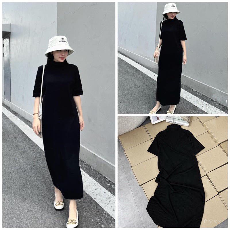 Váy nữ cổ tròn tay ngắn dáng rộng màu đen trơn Jumito, đầm nữ maxi phong cách basic thích hợp đi mua sắm và dạo phố D221