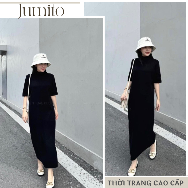 Váy nữ cổ tròn tay ngắn dáng rộng màu đen trơn Jumito, đầm nữ maxi phong cách basic thích hợp đi mua sắm và dạo phố D221