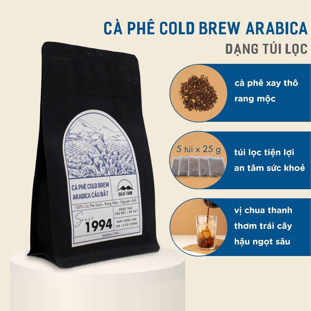 Cà Phê Cold Brew Arabica Cầu Đất Dalat Farm – Túi 125 g