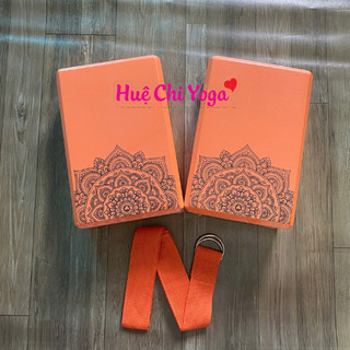 Combo 2 gạch cam in hoa văn 220g, 1 dây cotton họa tiết 1,83m hỗ trợ tập Yoga