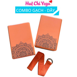 Combo 2 gạch cam in hoa văn 220g, 1 dây cotton họa tiết 1,83m hỗ trợ tập Yoga