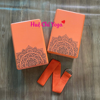 Combo 2 gạch cam in hoa văn 220g, 1 dây cotton họa tiết 1,83m hỗ trợ tập Yoga