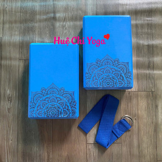 Combo 2 gạch xanh dương in hoa văn 220g, 1 dây cotton họa tiết 1,83m hỗ trợ tập Yoga