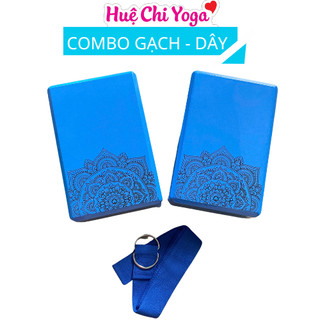 Combo 2 gạch xanh dương in hoa văn 220g, 1 dây cotton họa tiết 1,83m hỗ trợ tập Yoga