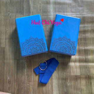 Combo 2 gạch xanh dương in hoa văn 220g, 1 dây cotton họa tiết 1,83m hỗ trợ tập Yoga