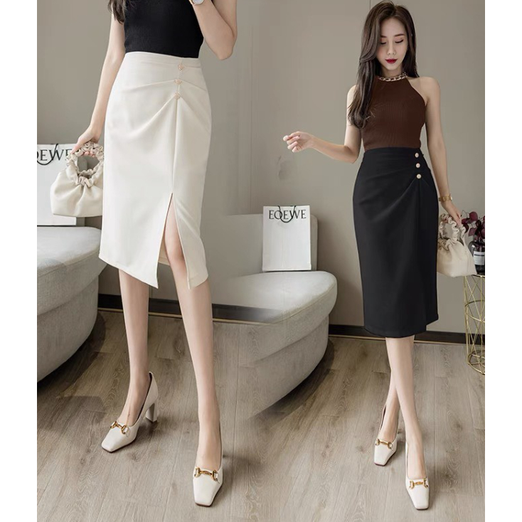 chân váy bút chì phối cúc chất tuyết mưa 70cm