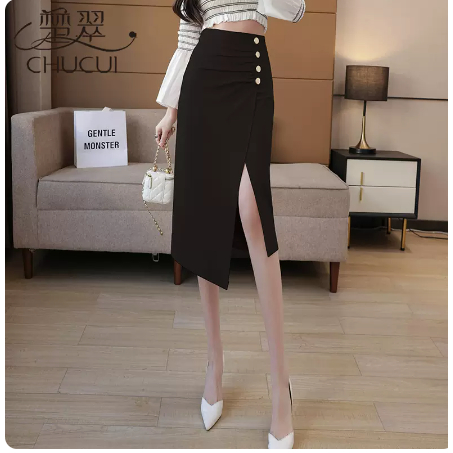 chân váy bút chì phối cúc chất tuyết mưa 70cm