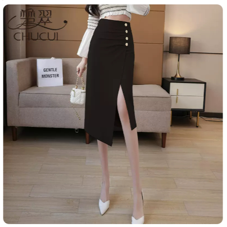 chân váy bút chì phối cúc chất tuyết mưa 70cm