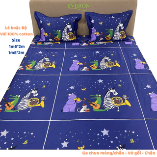 Lẻ/bộ Ga chun mỏng, chần Bộ chăn ga Everon vải 100% cotton màu xanh cho bé EPC 21055