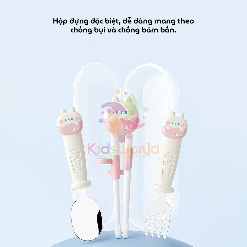 Ảnh Bộ thìa nĩa đũa tập ăn cho bé KidsWorld hình thỏ đũa tập gắp xỏ ngón chống trượt cho bé ăn dặm 3
