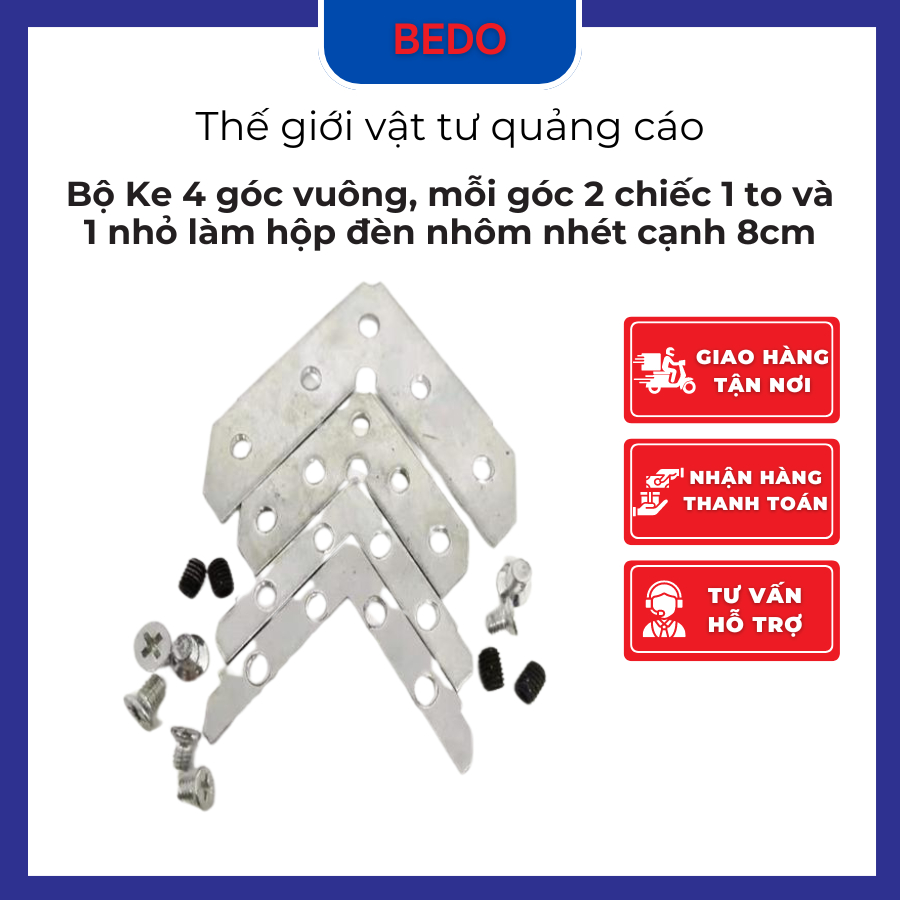 Bộ ke góc vuông nhôm 8cm BEDO cố định hộp đèn, khung nhôm định hình, tăng độ cứng, chống xê dịch