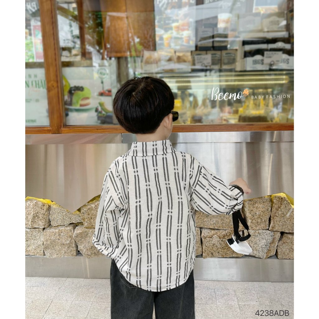 Áo sơ mi thô kẻ xước cá tính bé trai, áo sơ mi dài tay hoạ tiết bé trai Beemo