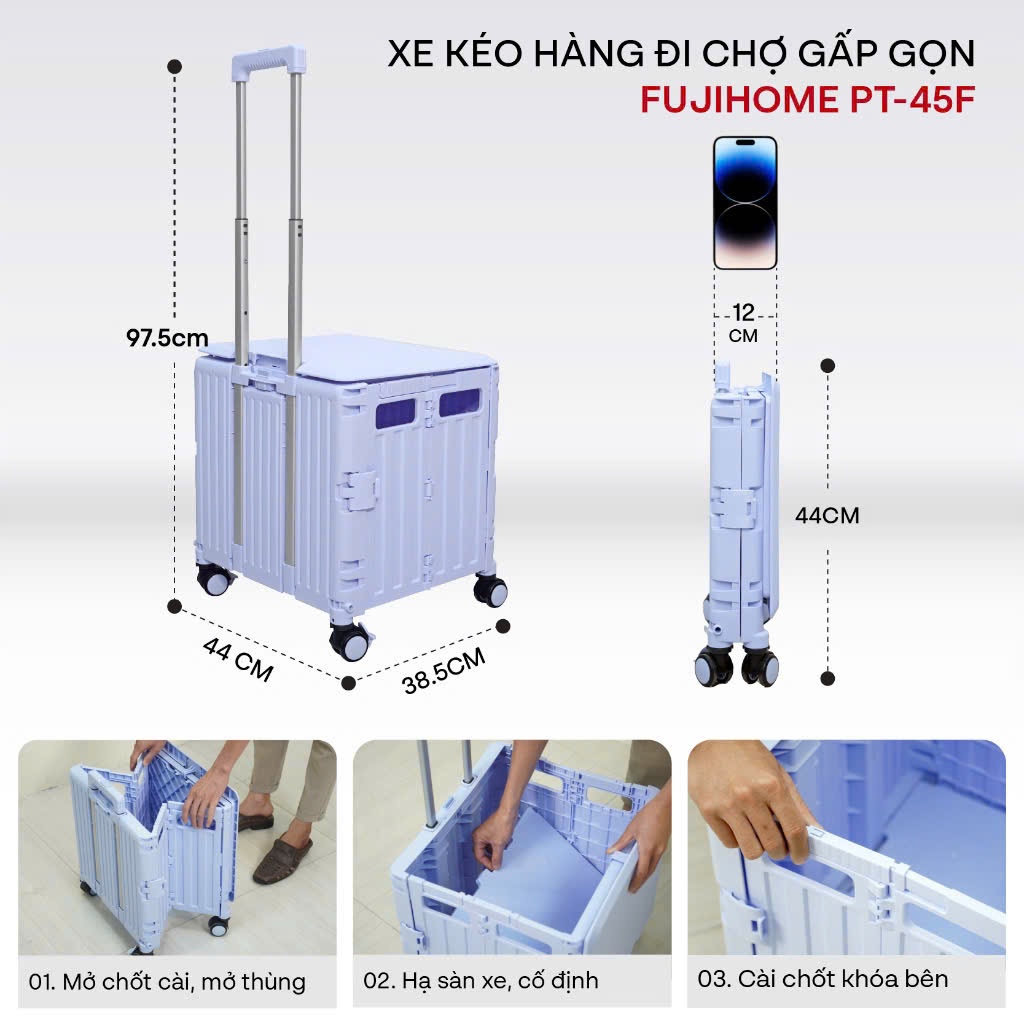 Xe kéo hàng 4 bánh đi chợ siêu thị gấp gọn Fujihome PT-45F, xe đẩy hàng xếp gọn, thùng vali 65L đa năng dã ngoại