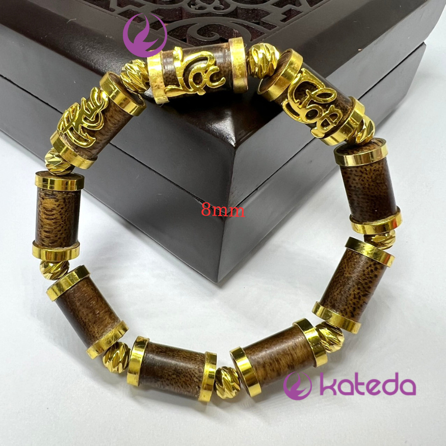 Vòng Tay KATEDA Trầm Hương Bọc Charm Phúc Lộc Thọ đồng thau mạ vàng bền màu Tặng Hộp Gấm Sang Trọng