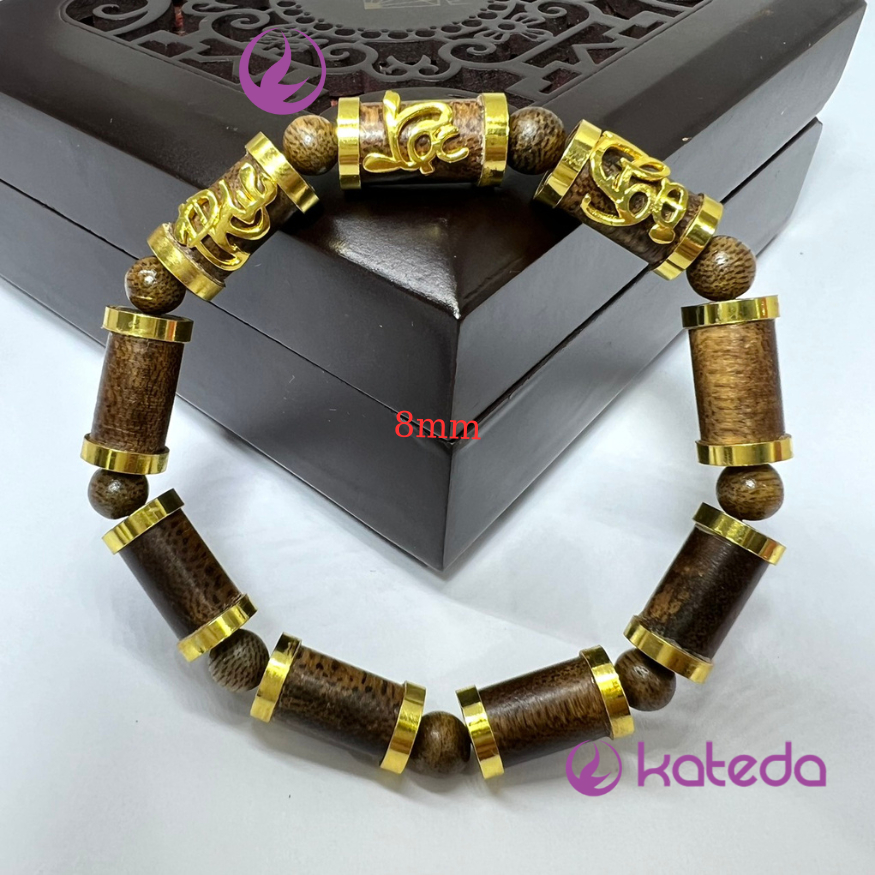 Vòng Tay KATEDA Trầm Hương Bọc Charm Phúc Lộc Thọ đồng thau mạ vàng bền màu Tặng Hộp Gấm Sang Trọng