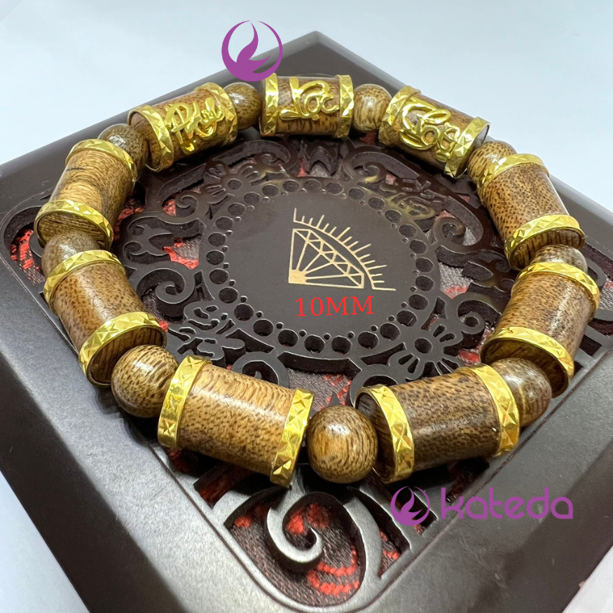 Vòng Tay KATEDA Trầm Hương Bọc Charm Phúc Lộc Thọ đồng thau mạ vàng bền màu Tặng Hộp Gấm Sang Trọng