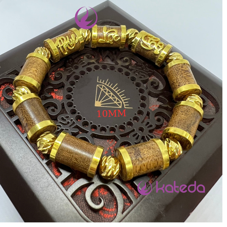 Vòng Tay KATEDA Trầm Hương Bọc Charm Phúc Lộc Thọ đồng thau mạ vàng bền màu Tặng Hộp Gấm Sang Trọng
