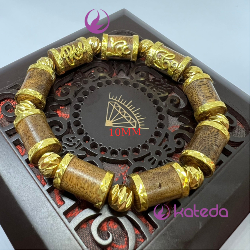 Vòng Tay KATEDA Trầm Hương Bọc Charm Phúc Lộc Thọ đồng thau mạ vàng bền màu Tặng Hộp Gấm Sang Trọng