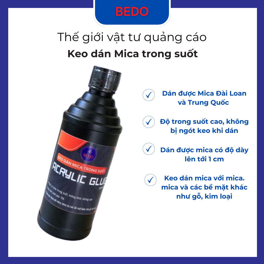 Keo dán Mica BEDO 500ml - Keo dán acrylic glue siêu trong, không loang lổ, chuyên dùng làm hộp, kệ mica cao cấp