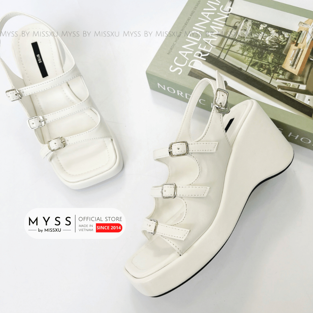 Giày sandal nữ MYSS đế xuồng 3 quai ngang phối khóa 7cm thời trang - SD200