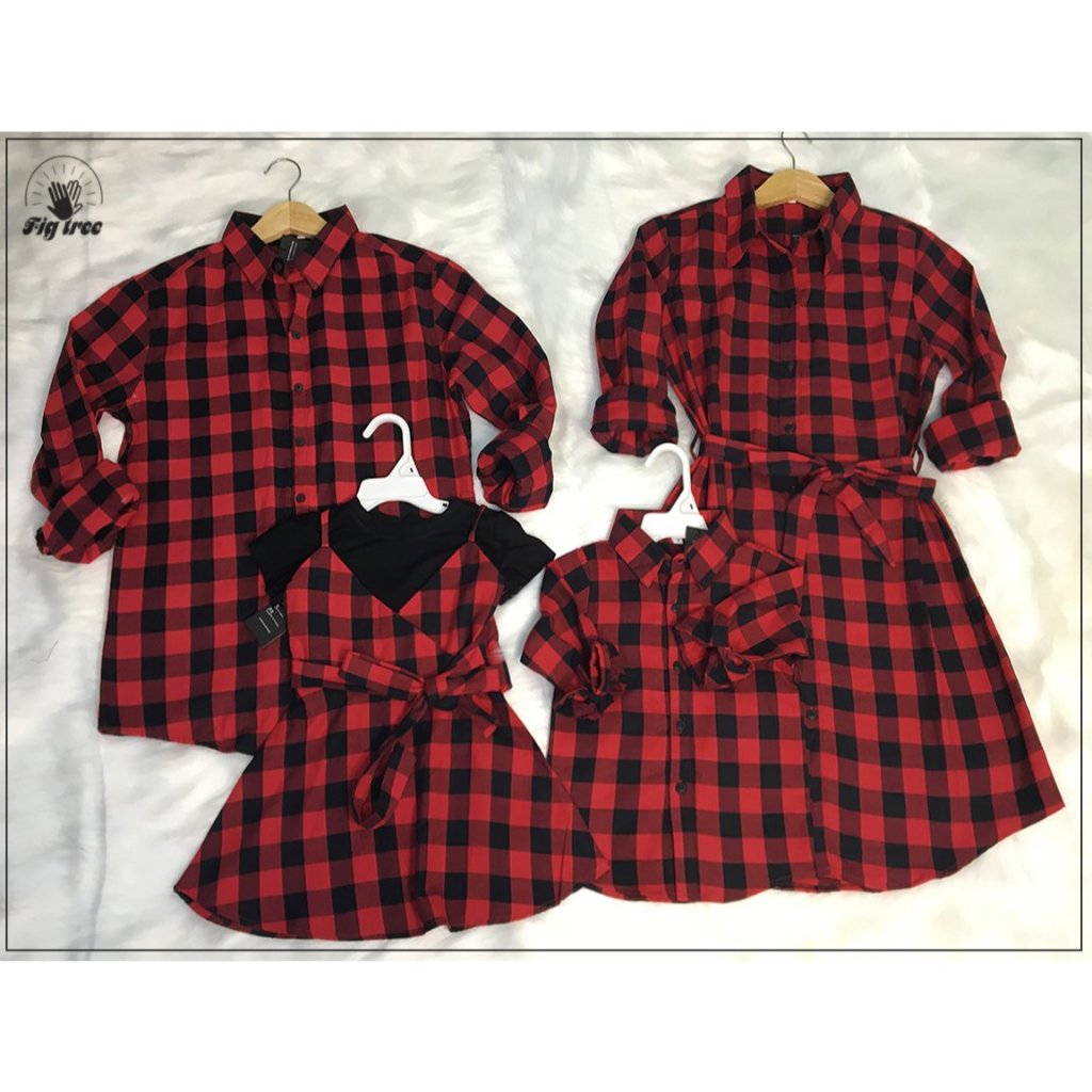 Combo Sơ Mi Váy Gia Đình Fig Tree Caro Đỏ Đen Mã 122A (Yếm Bé Gái Kèm Áo Thun)