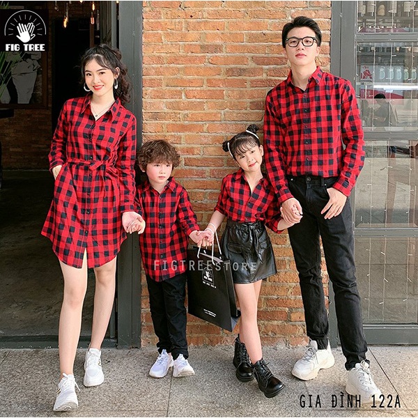 Combo Sơ Mi Váy Gia Đình Fig Tree Caro Đỏ Đen Mã 122A (Yếm Bé Gái Kèm Áo Thun)