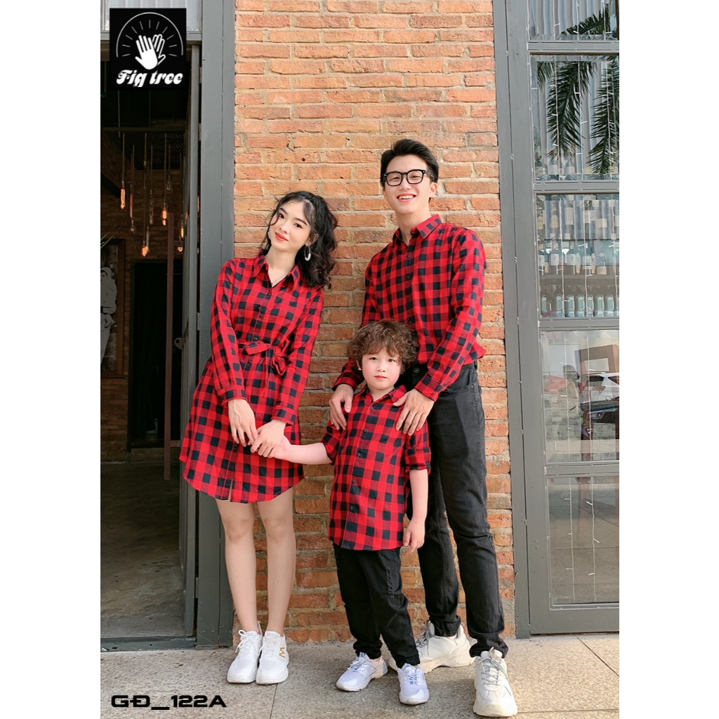 Combo Sơ Mi Váy Gia Đình Fig Tree Caro Đỏ Đen Mã 122A (Yếm Bé Gái Kèm Áo Thun)